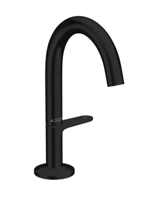 Schwarzer Waschtischmischer von AXOR mit hohem, geschwungenem Auslauf und seitlichem Hebel zur Wassermengenregulierung. Ideal für moderne Waschtische.